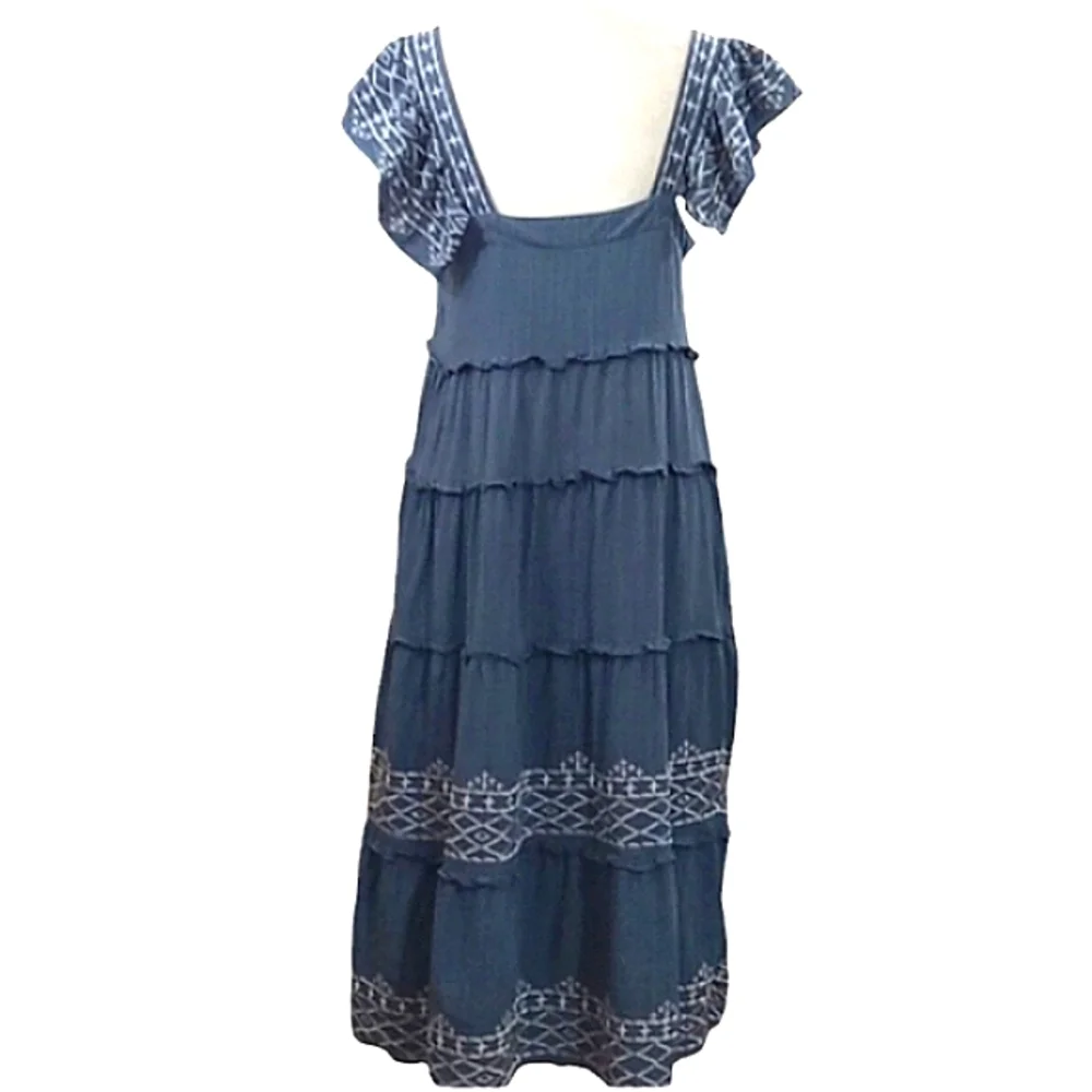 Knox Rose Blue Embroidered Tiered Midi Dress Flutter Sleeves & Pockets Small